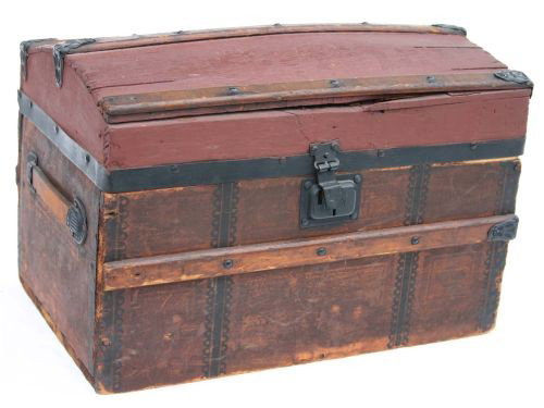 ca 1880's very nice doll's trunk w fitted interio: ca 1880's very nice doll's trunk w fitted interior & orig paper surface - 14" wide x 9 1/2" tall x 9" deep