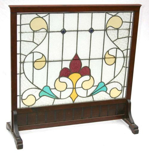 antique mahog & leaded glass fire screen - 33" tal: antique mahog & leaded glass fire screen - 33" tall x 32" wide