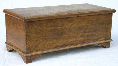 late 19thC New England pine rare true miniature br: late 19thC New England pine rare true miniature bracket base blanket chest w till & orig mustard paint - 18" long x 8" deep x 7" tall