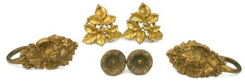 lot of 3 matched sets of early ca 1830-40 brass cu: lot of 3 matched sets of early ca 1830-40 brass curtain tie backs w wonderful stampings - pr of 9 1/2" urn w grape dec, pr of 5 1/2" strawberry leaf dec & a pr of 3" rosette tiebacks