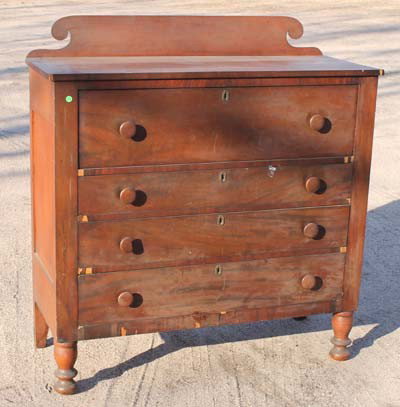 late Sheraton/ early Empire ca 1830's 4 drawer ma: late Sheraton/ early Empire ca 1830's 4 drawer mahogany dresser w splash on turned legs - 47" tall x 43" wide x 18" deep