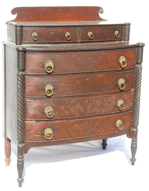 Sheraton/Federal period carved mahogany Salem, MA : Sheraton/Federal period carved mahogany Salem, MA 4 dr bowfront chest w 2 drawer deck & splash - 42 1/2" wide x 52" tall x 21" deep