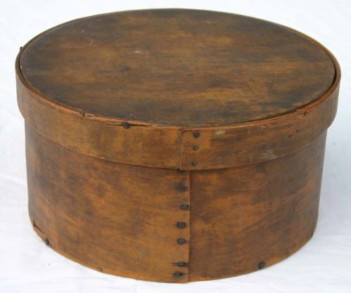 mid 19thC New England round pantry box in orig mus: mid 19thC New England round pantry box in orig mustard paint - 10" diam