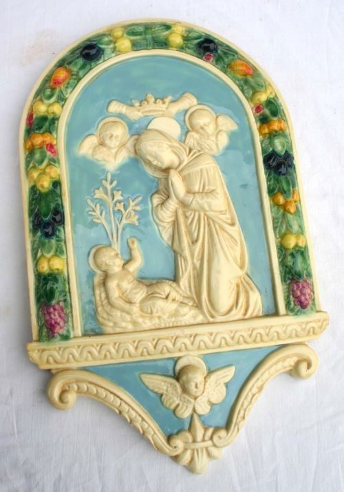 early 20thC Robia Ware religious plaque by Roman A: early 20thC Robia Ware religious plaque by Roman Art Co of St Louis