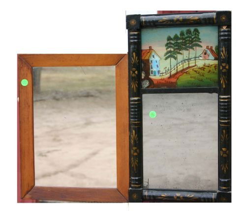 lot of 2 antique mirrors incl Sheraton period 2 se: lot of 2 antique mirrors incl Sheraton period 2 section mirror w reverse painted scenic panel & gilded dec - 20"x11" & 16 1/2" x 12 1/2" wooden framed