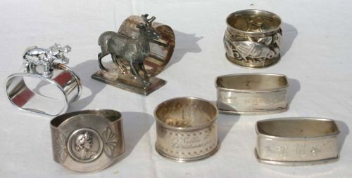 ecclectic lot of sterling silver & sterling silver: ecclectic lot of sterling silver & sterling silver handled items incl flatware & napkin rings, etc plus 3 antique silver plate napkin rings