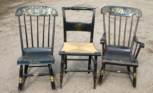 lot of 3 19thC chairs in black paint & orig stenc: lot of 3 19thC chairs in black paint & orig stencilling incl 2 small rockers (1 Salem) & a Hitchcock pillow back