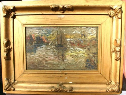 unusual painted on glass Impressionist sailboat on: unusual painted on glass Impressionist sailboat on a lake in antique gold painted frame - image size 5"x8"