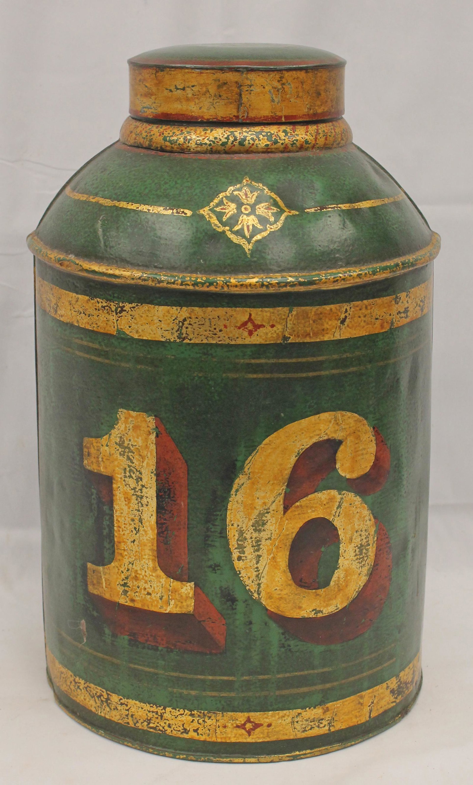 Large green paint dec tin tea cannister - 17" tall x 10 1/2" diam: Large green paint dec tin tea cannister - 17" tall x 10 1/2" diam