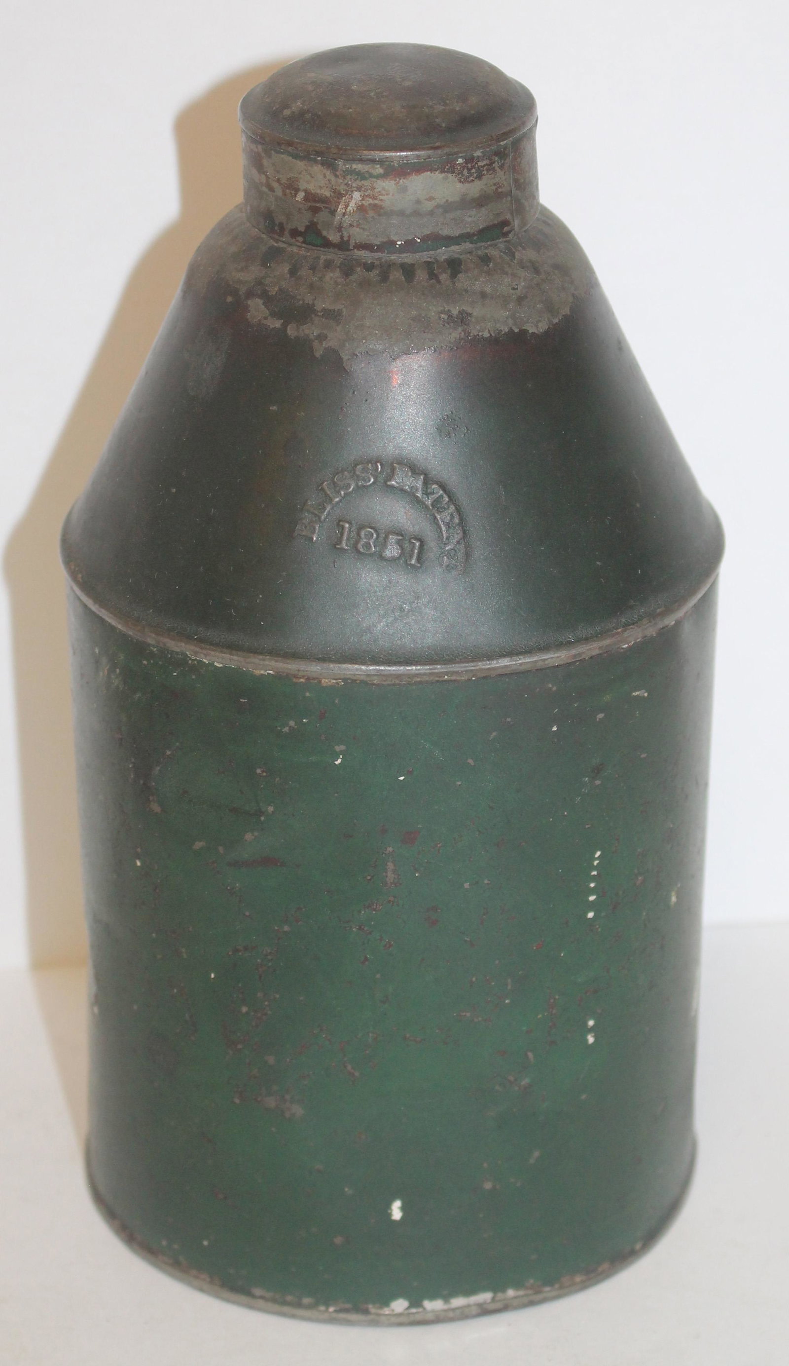 Bliss patent tin canister in original green paint with copy of 1851 patent - 8" tall x 4" diam: Bliss patent tin canister in original green paint with copy of 1851 patent - 8" tall x 4" diam
