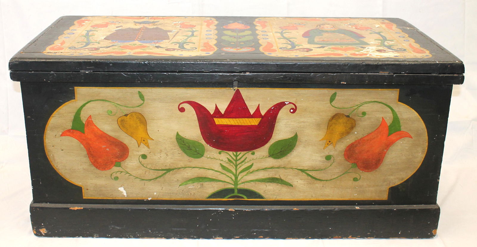 attrib Peter Hunt dated 1948 paint decorated blanket box - 19 1/2" tall x 43" wide x 20" deep: attrib Peter Hunt dated 1948 paint decorated blanket box - 19 1/2" tall x 43" wide x 20" deep