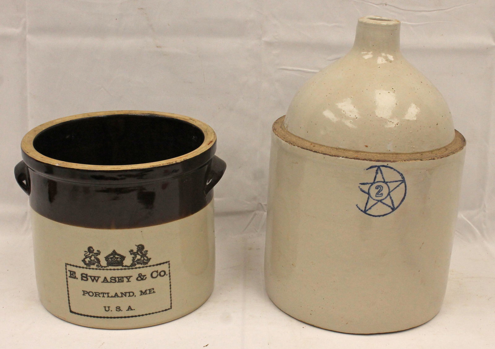 Lot of 2 Stoneware items incl 2 gal jug w cobalt star & brown & white crock - 13 1/2" & 7 3/4" tall: Lot of 2 Stoneware items incl 2 gal jug w cobalt star & brown & white crock - 13 1/2" & 7 3/4" tall - This lot was donated and proceeds from the sale of this lot will go to Brattleboro (VT) Area Hospi