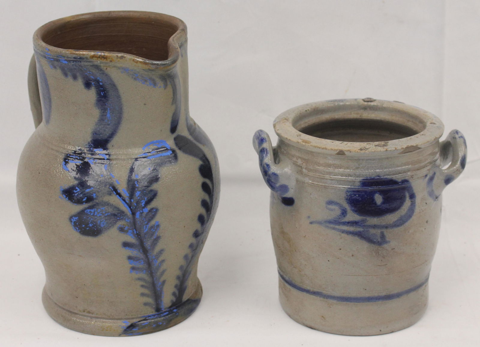 Lot of 2 stoneware items w cobalt dec incl sm crock & pitcher - 6 1/4" & 9" tall - Matthew Mead: Lot of 2 stoneware items w cobalt dec incl sm crock & pitcher - 6 1/4" & 9" tall - Matthew Mead collection