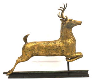 Wonderful attrib Washburn leaping stag copper weathervane w cast head - 27" long