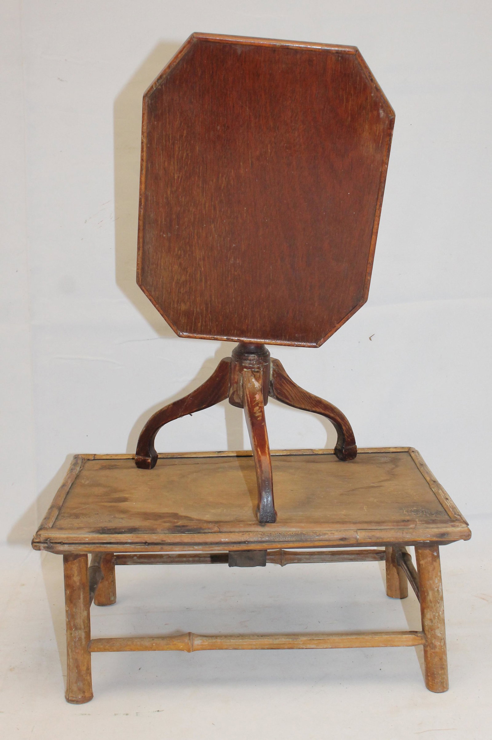 Lot of 2 miniature tables in 6" tall x 14"x10 1/2" bamboo & 10" tall tilt top (with top down) - as: Lot of 2 miniature tables in 6" tall x 14"x10 1/2" bamboo & 10" tall tilt top (with top down) - as found - Matthew Mead collection