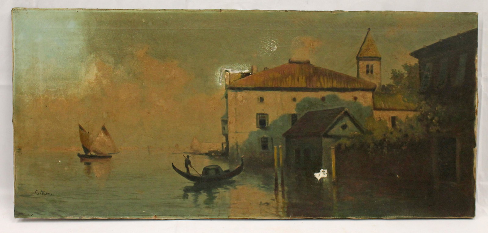 Antique o/c Venetian scene - 18"x40" - as found: Antique o/c Venetian scene - 18"x40" - as found