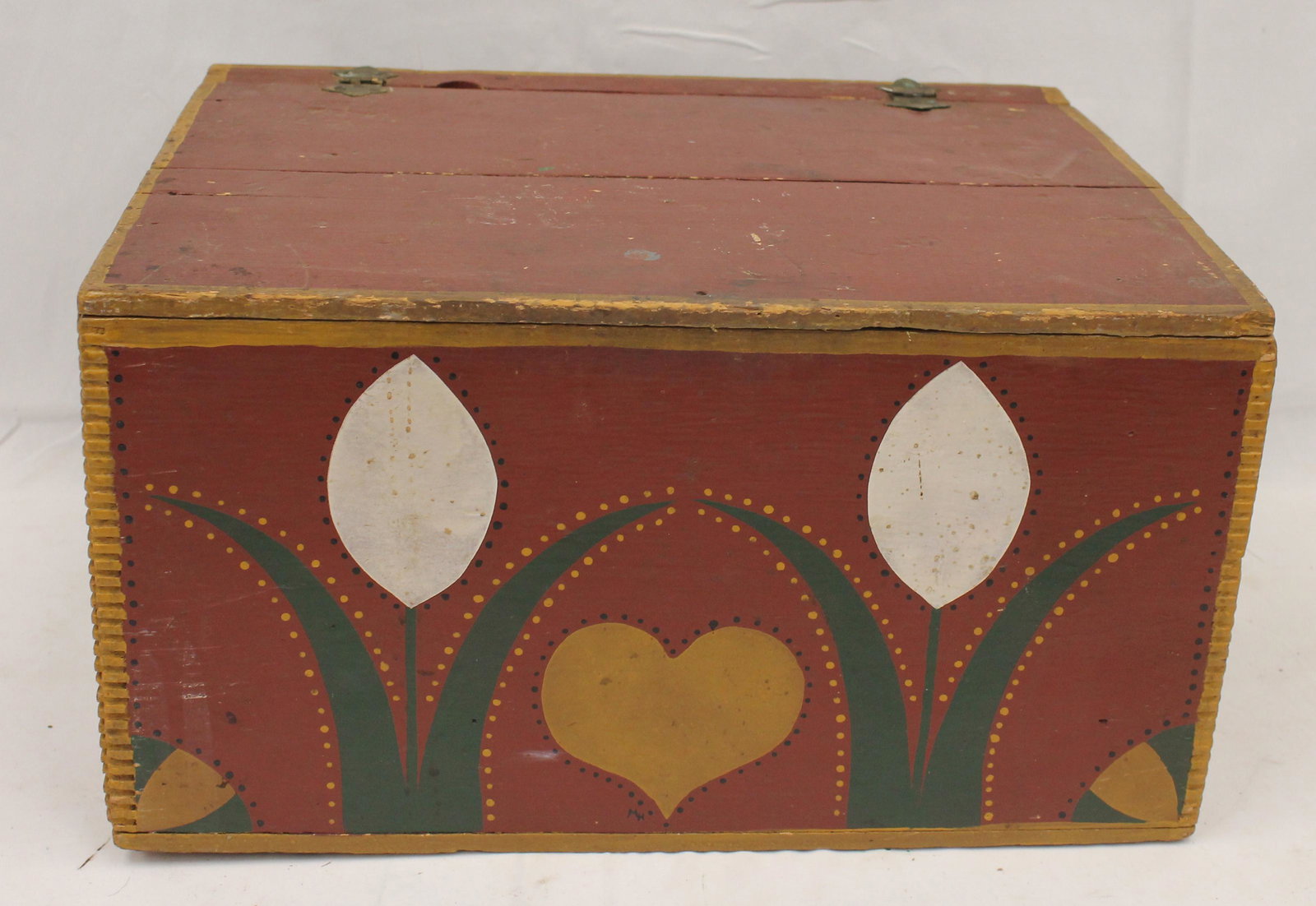 20thC Folky carved wooden painted box w hearts & tulip dec - 9" tall x 16 1/2" wide x13 1/4" deep: 20thC Folky carved wooden painted box w hearts & tulip dec - 9" tall x 16 1/2" wide x13 1/4" deep