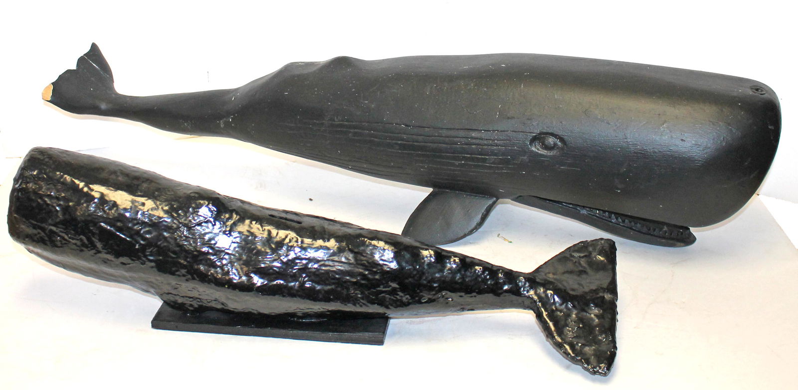 Lot of 2 whales figures incl carved wooden painted black - 37" long & a papier mache bank - 24" long: Lot of 2 whales figures incl carved wooden painted black - 37" long & a papier mache bank - 24" long