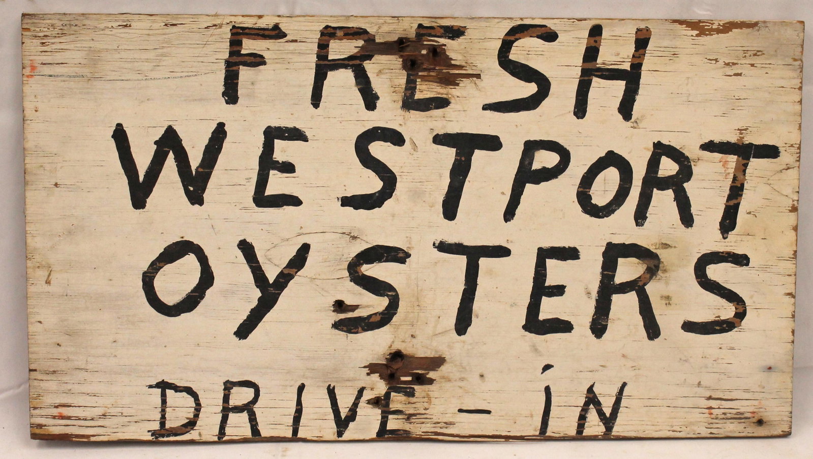Wooden painted primitive sign "Fresh Westport Oysters Drive-In" - 14"x19": Wooden painted primitive sign "Fresh Westport Oysters Drive-In" - 14"x19"