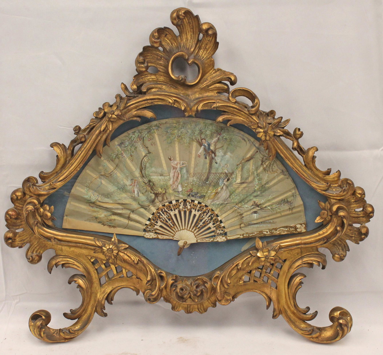 Hand painted fan on silk in fancy carved gold shadow box frame - 24" tall x 24" wide: Hand painted fan on silk in fancy carved gold shadow box frame - 24" tall x 24" wide