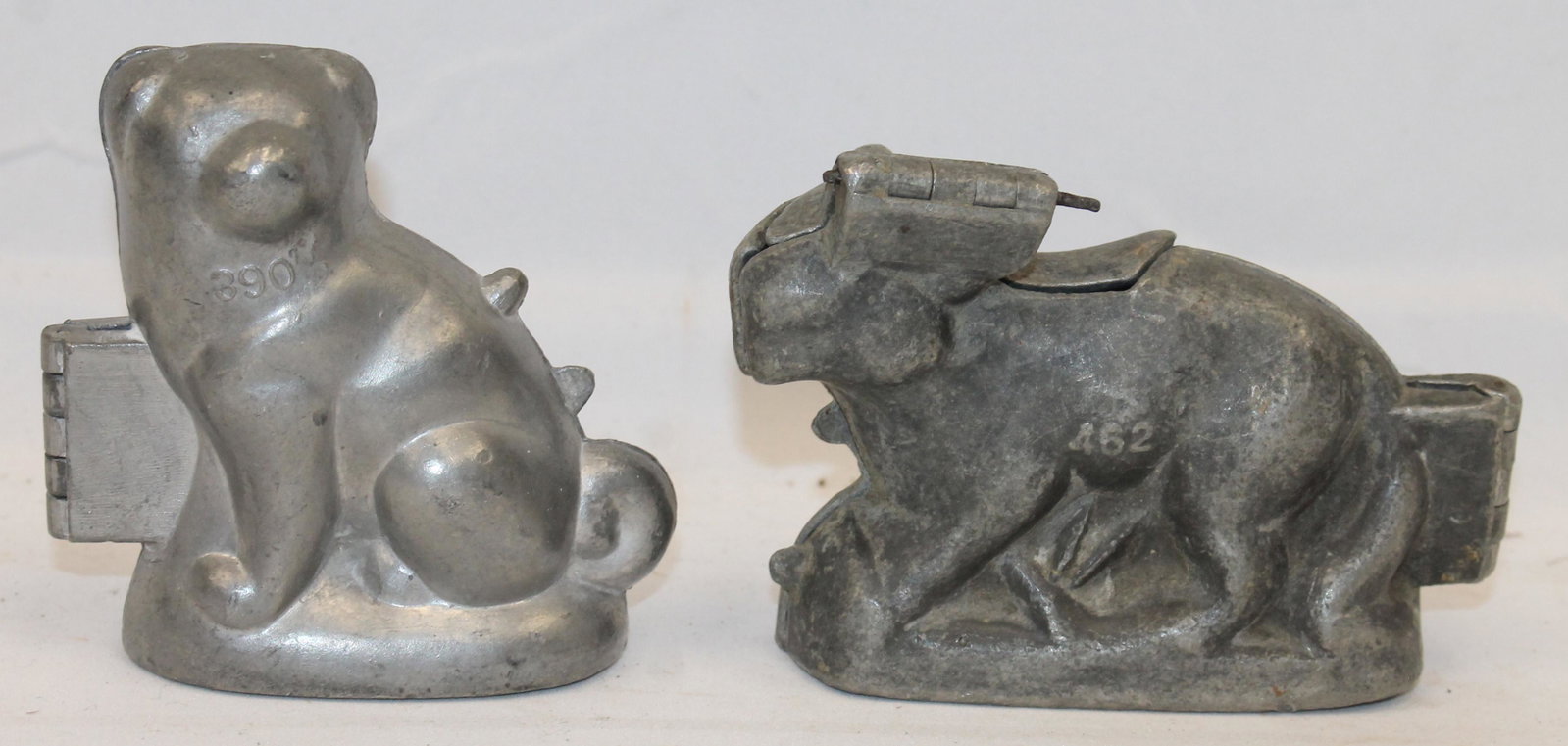 Lot of 2 pewter figural ice cream molds - dog & lion - 4" & 3 1/2": Lot of 2 pewter figural ice cream molds - dog & lion - 4" & 3 1/2"