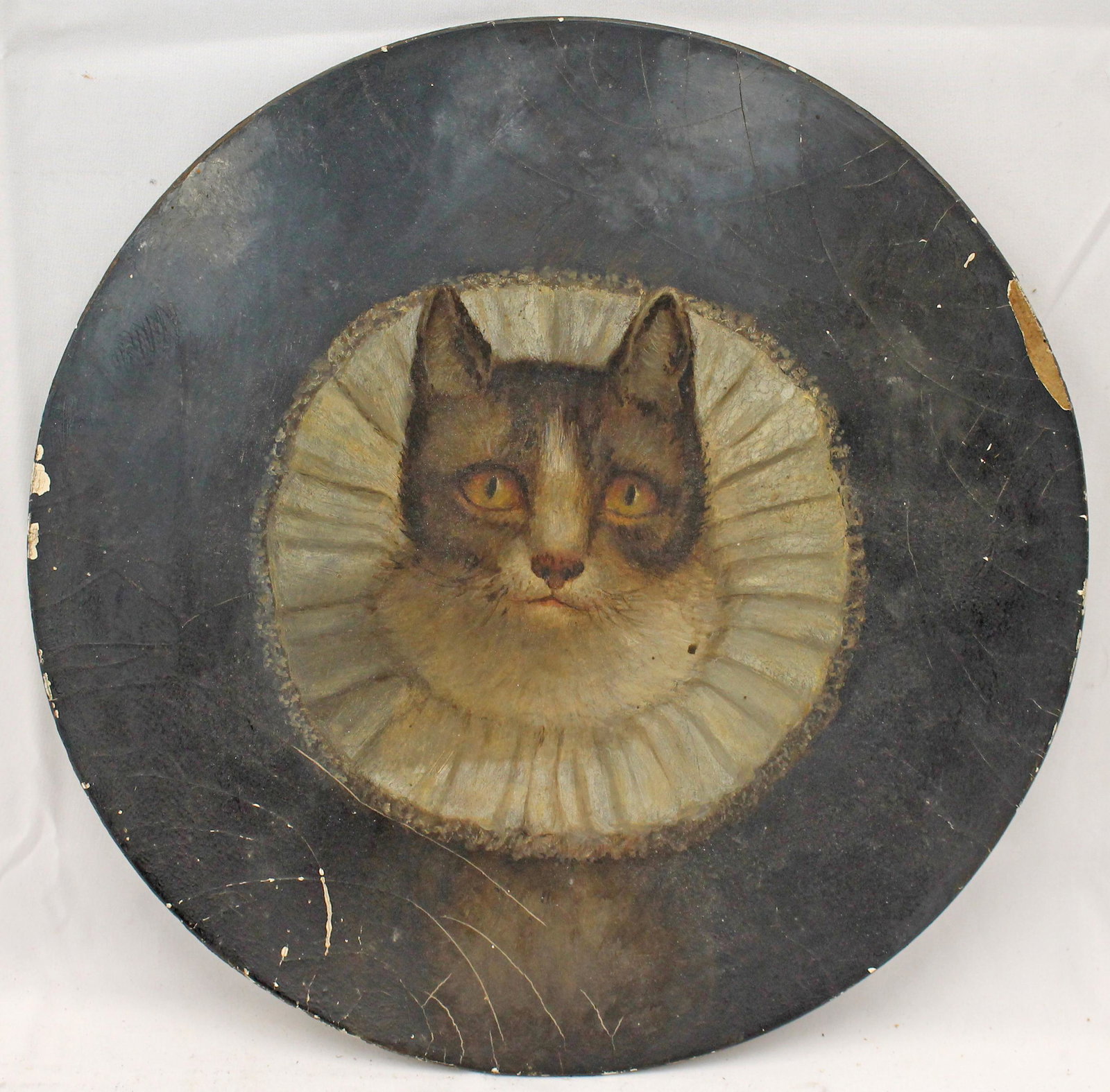 Wonderful round o/bd cat portrait w JH Eckhardt & Co Art Bazaar label on verso - 12 1/4" diam: Wonderful round o/bd cat portrait w JH Eckhardt & Co Art Bazaar label on verso - 12 1/4" diam