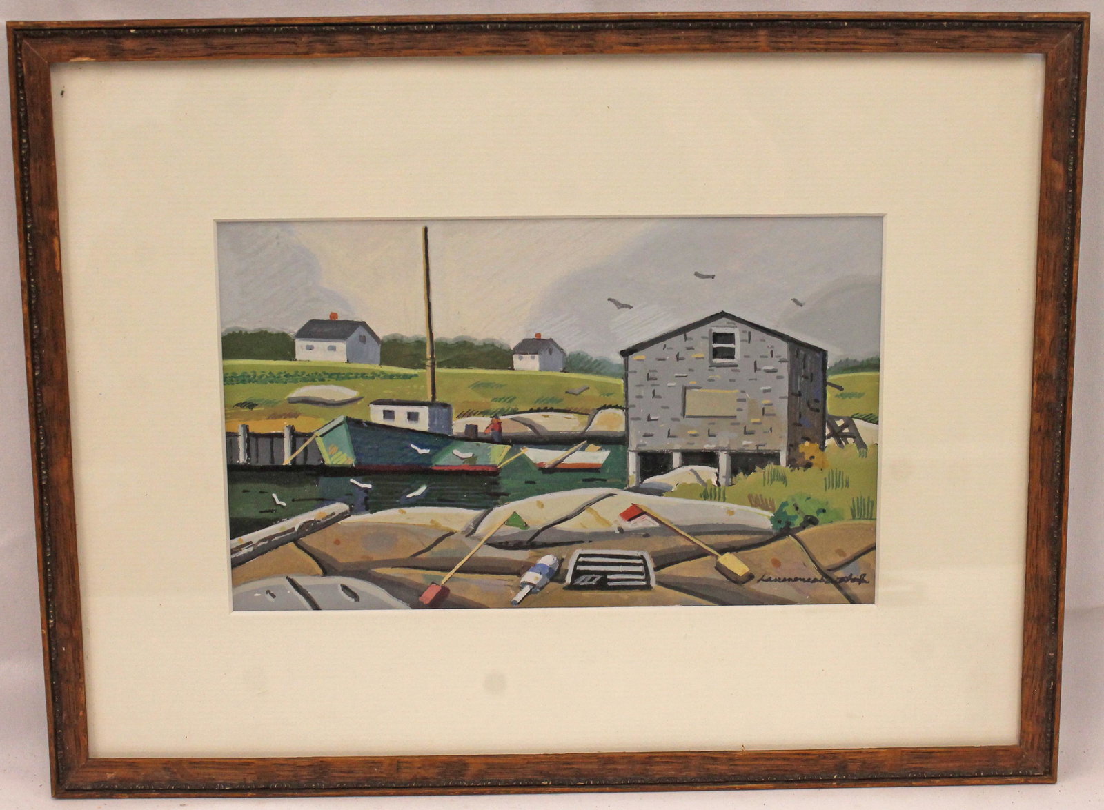 Lawrence Butcher gouache & w/c framed painting of a boathouse - 9 1/2"x12": Lawrence Butcher gouache & w/c framed painting of a boathouse - 9 1/2"x12"