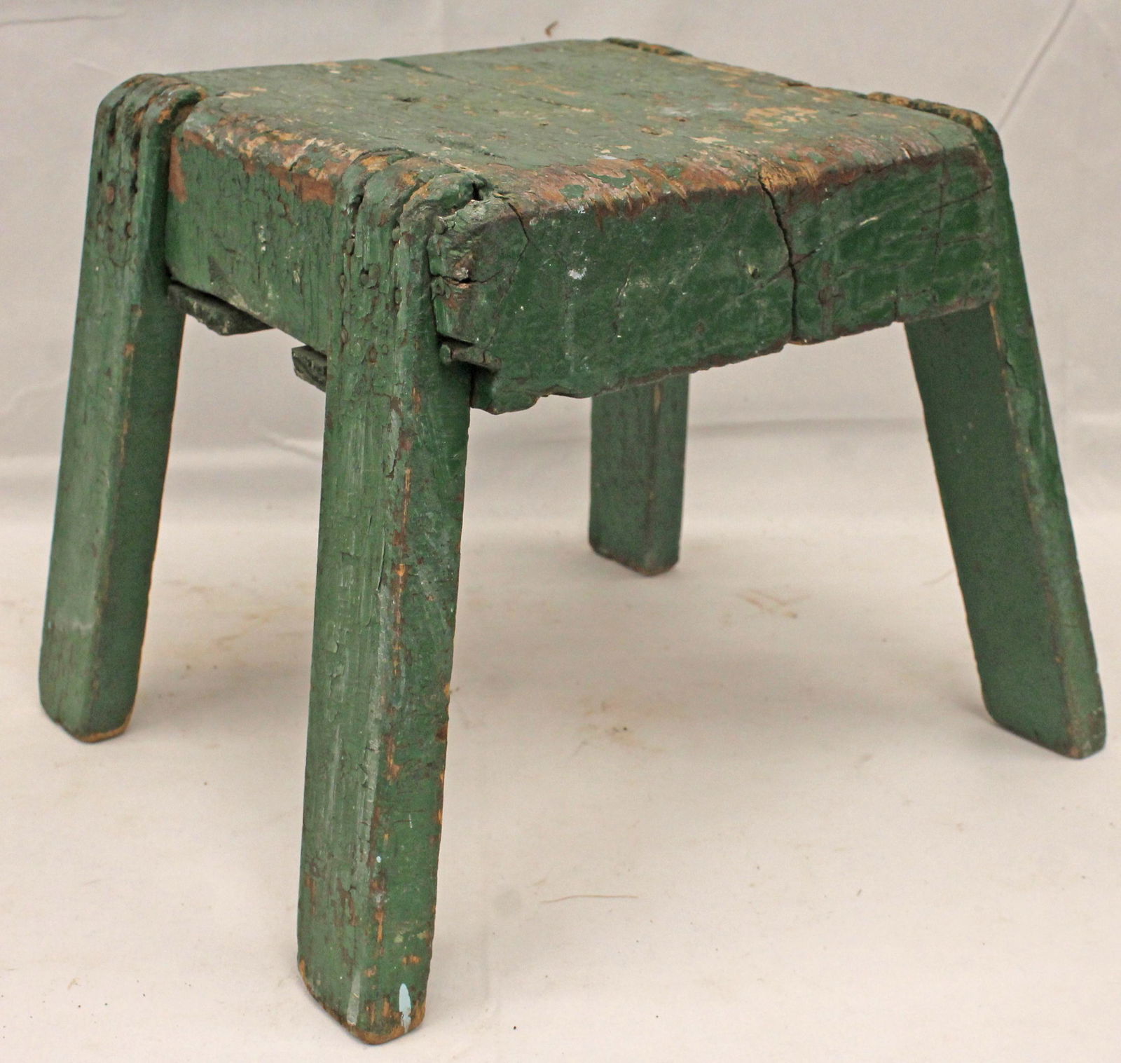 Small primitive wooden painted green stool - Matthew Mead collection - 10 1/2" tall x 10"x10 1/2": Small primitive wooden painted green stool - Matthew Mead collection - 10 1/2" tall x 10"x10 1/2"