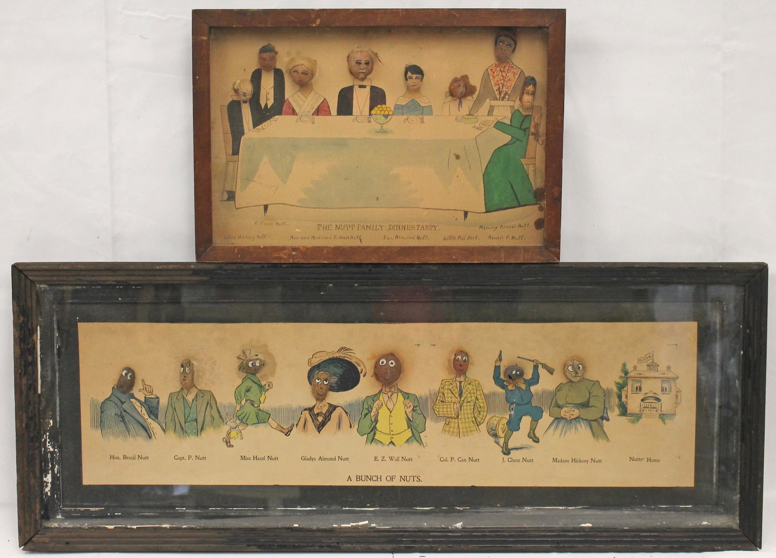 Lot of 2 framed w/c's w nut accents - "A Bunch of Nuts" 12 1/2"x32 1/2" & "The Nutt Family Dinner: Lot of 2 framed w/c's w nut accents - "A Bunch of Nuts" 12 1/2"x32 1/2" & "The Nutt Family Dinner Party" in shadow box frame - 10 1/2"x15 1/2"
