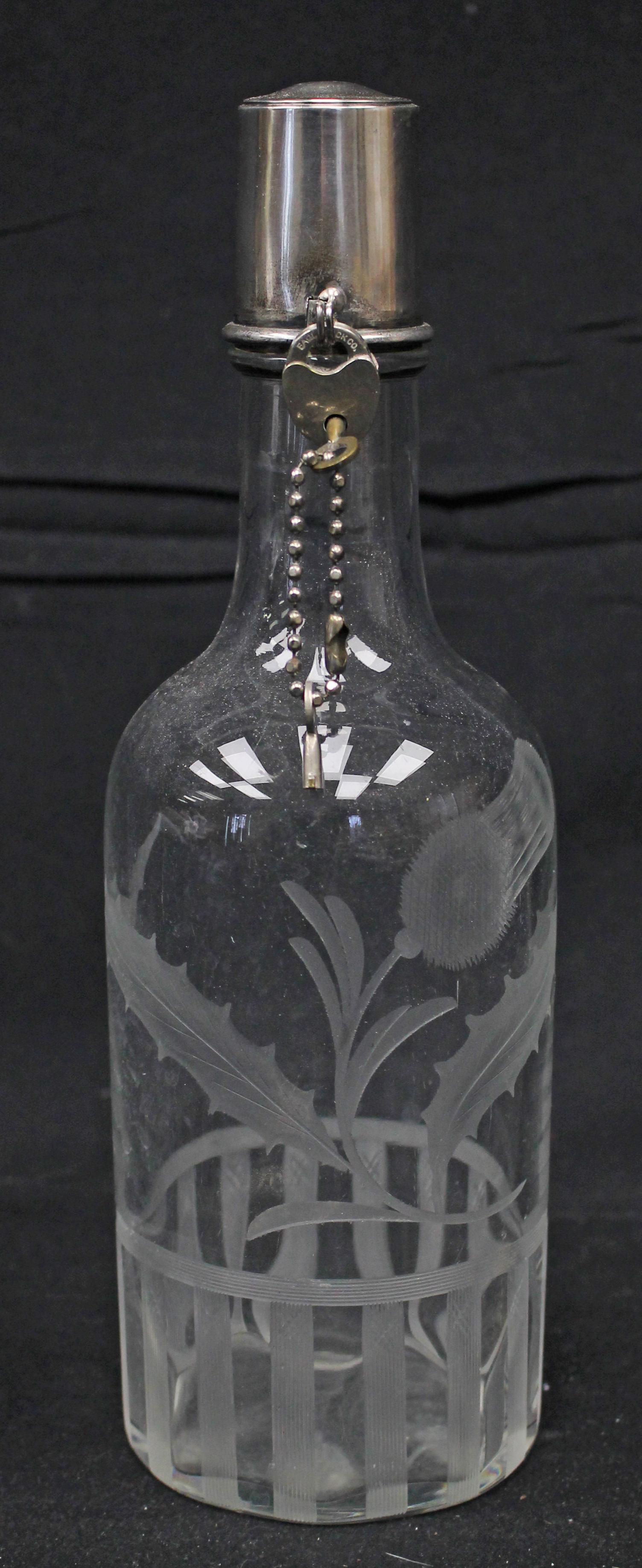 Hawkes cut crystal decanter in thistle pattern w sterling cap & lock & chain - 11" tall: Hawkes cut crystal decanter in thistle pattern w sterling cap & lock & chain - 11" tall