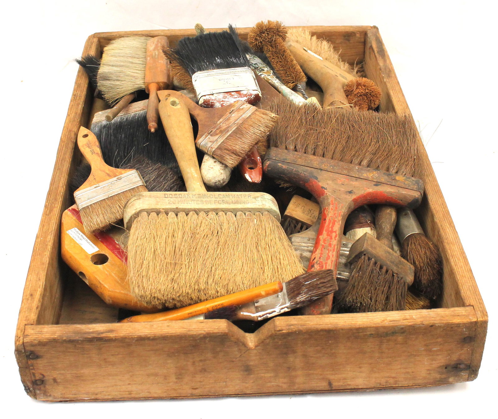 Wooden box FULL of a variety of utility brushes - Matthew Mead collection: Wooden box FULL of a variety of utility brushes - Matthew Mead collection