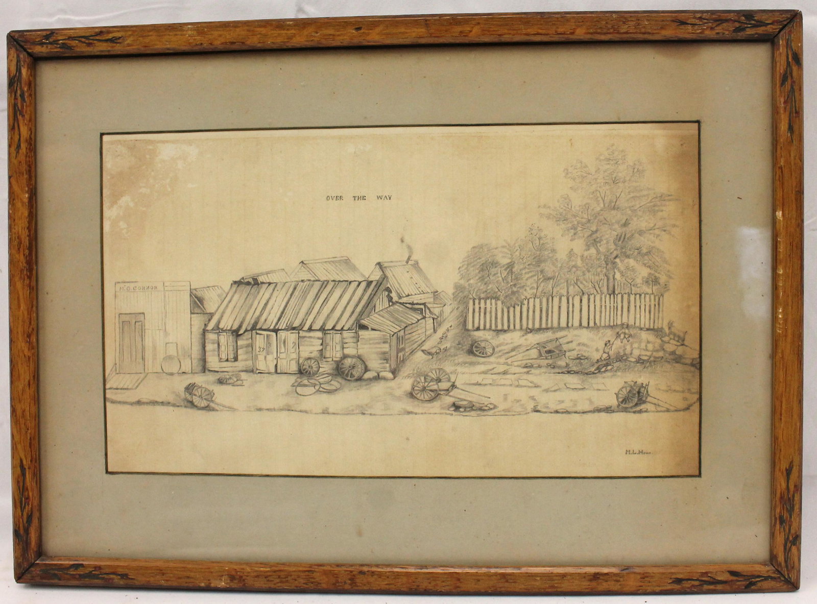 Pencil drawing of a farm yard signed ML Howe titled "Over The Way" - with info on verso of frame -: Pencil drawing of a farm yard signed ML Howe titled "Over The Way" - with info on verso of frame - overall framed size 12"x16 3/4"