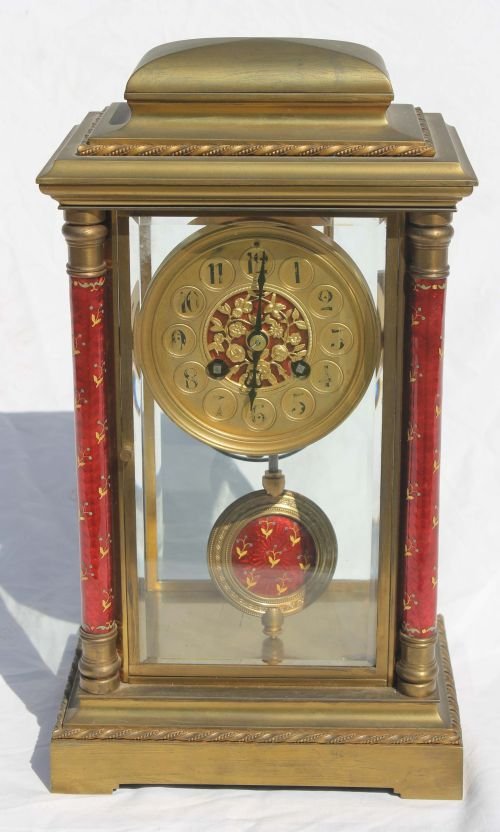 Japy Freres French brass & beveled glass 13” clock: very pretty French brass & beveled glass 13” clock w red enamel hnd ptd dec columns, face & pendulum - sgnd Japy Freres