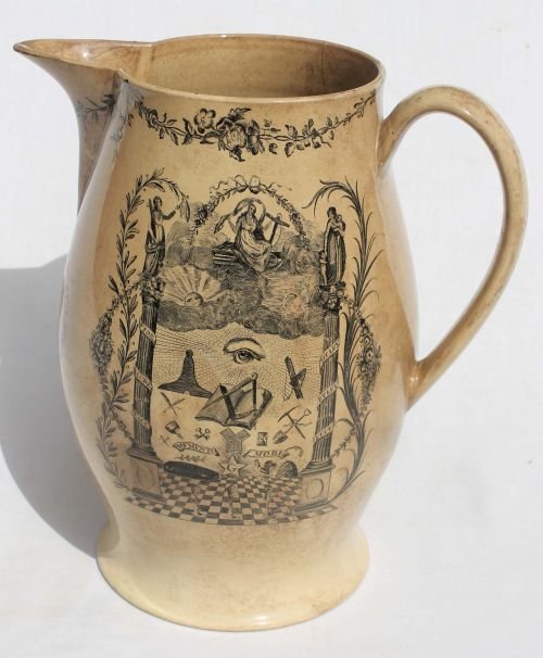 late 18thC 10 1/4" tall Liverpool creamware jug w M: late 18thC 10 1/4" tall Liverpool creamware jug w Masonic motif recently deaccessioned from a Brockton, MA temple