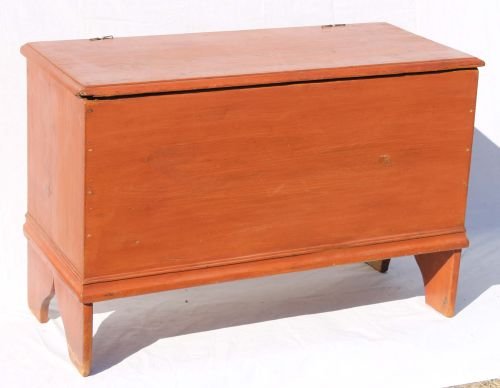 diminutive ca 1760 QA boot jack ended blanket box i: diminutive ca 1760 QA boot jack ended blanket box in red wash - 35 1/2" case width
