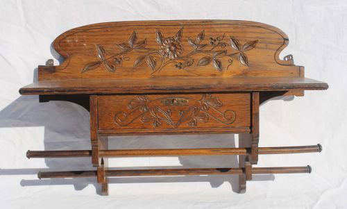 carved oak hanging shelf w floral dec w drawer &: carved oak hanging shelf w floral dec w drawer & bar for hanging towels or utensils - 20" long x 13" tall