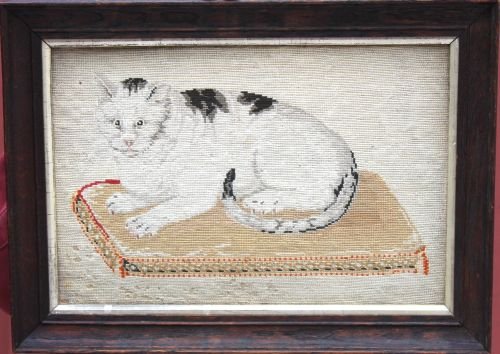 wonderful mid 19thC needlepoint featuring a cat on: wonderful mid 19thC needlepoint featuring a cat on a pillow - 10"x14 1/2"