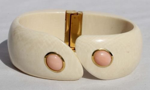 attrib Webb gold mounted ivory bangle bracelet w : attrib Webb gold mounted ivory bangle bracelet w inlaid coral cabuchons - 1" wide