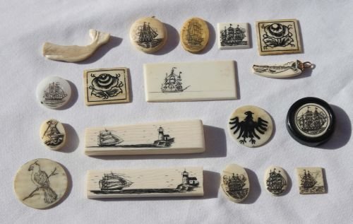 17pc scrimshawed Nautical ivory & whale bone scrim: 17pc scrimshawed Nautical ivory & whale bone scrimshawed inserts - from 1/2" to 2" sizes