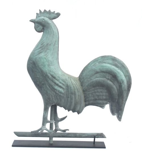 ca 1880 attrib L.W. Cushing & Son Waltham, MA copp: ca 1880 attrib L.W. Cushing & Son Waltham, MA copper rooster weathervane w bronze feet in great condition & exceptional verdigris surface - 23" tall x 20" long