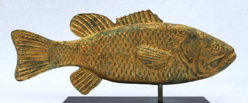 antique early 20thC 24" long full bodied copper fi: antique early 20thC 24" long full bodied copper fish weathervane in worn gilt finish