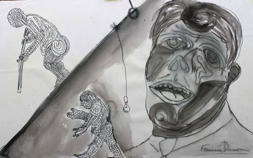 Rare sgnd Francis Bacon (1909-1992) wonderful 10x1: Rare sgnd Francis Bacon (1909-1992) wonderful 10x15 mixed media possible self portrait