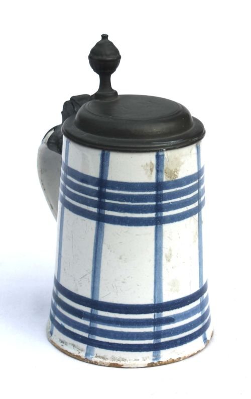 1/2L mid 18thC Faience stein inscribed with initia: 1/2L mid 18thC Faience stein inscribed with initials in lid