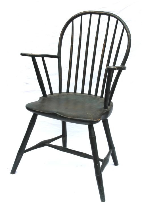 ca 1790 unusual bamboo turned applied arm New Engl: ca 1790 unusual bamboo turned applied arm New England Windsor bowback chair in green paint