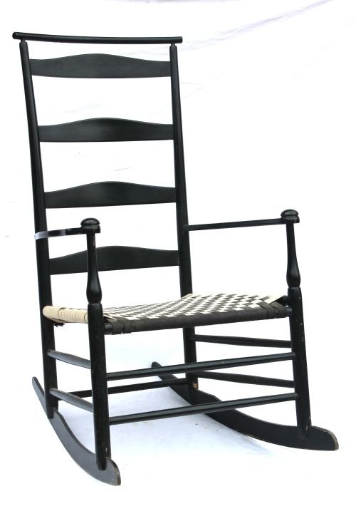 ca 1880 Shaker shawl back rocker in black paint w : ca 1880 Shaker shawl back rocker in black paint w tape seat