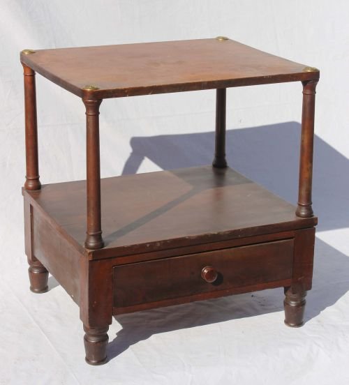 19thC Sheraton mahogany fireside stand w 1 drawer: 19thC Sheraton mahogany fireside stand w 1 drawer & brass caps - 23" tall x 21" wide