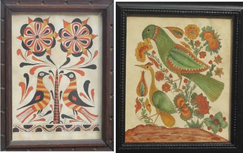 lot of 2 antique PA fraktur w/c's on paper - artis: lot of 2 antique PA fraktur w/c's on paper - artist initialed - featuring birds - 6"x4 1/4" & 6 1/2"x5 1/2" sight size