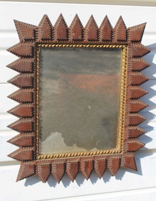 ca 1880 NH pine carved Tramp Art mirror in orig su: ca 1880 NH pine carved Tramp Art mirror in orig surface - 13"x15"