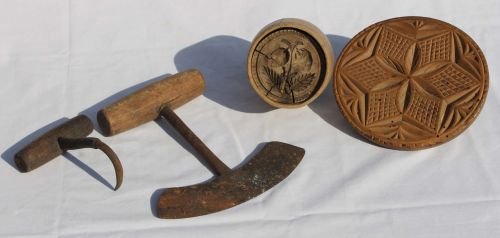 Lot of 4 antique kitchen items incl 2 wooden butte: Lot of 4 antique kitchen items incl 2 wooden butter stamps, an iron & wooden handled food chopper & an iron & wooden handled hook
