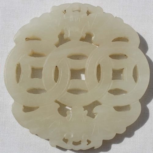 Chinese white jade coin pendant w bats of happines: Chinese white jade coin pendant w bats of happiness & intertwined circles - 2"